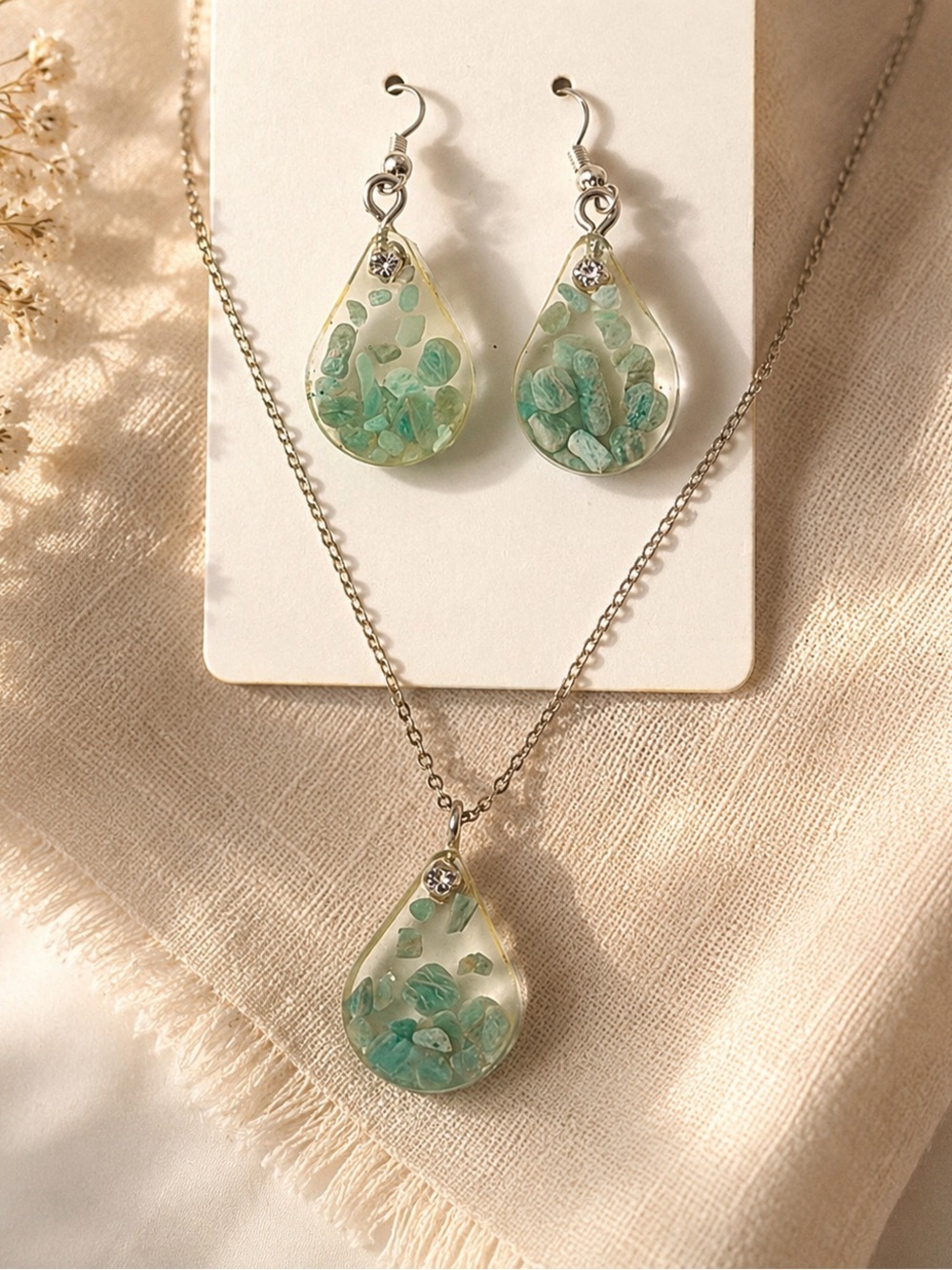Green and Silver Resin & Stone Teardrop Earrings/Necklace Set